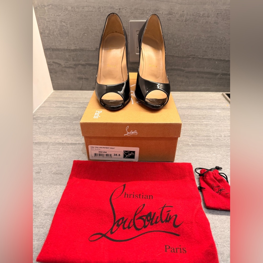 Christian Louboutin Glossy Black Peep Toe Heels - Picture 2 of 7